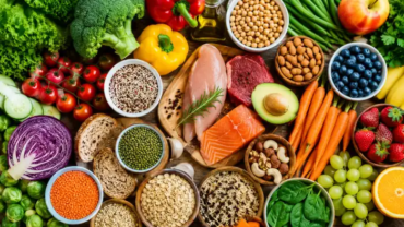 Colorful whole food spread — vegetables, grains, proteins, fruits