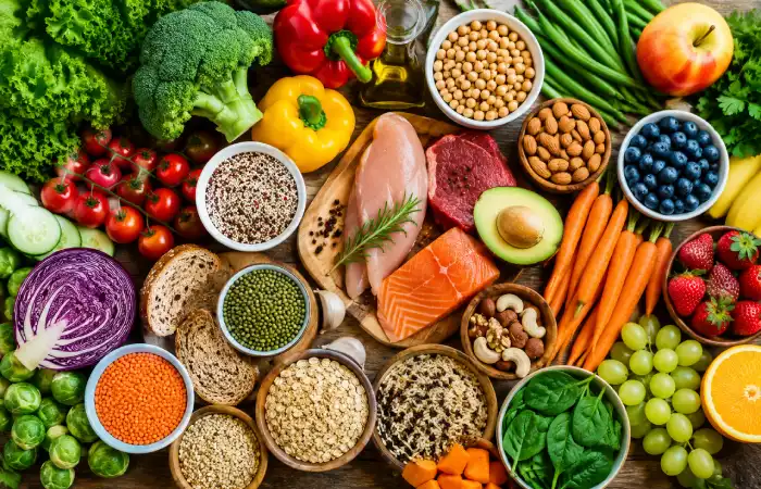 Colorful whole food spread — vegetables, grains, proteins, fruits