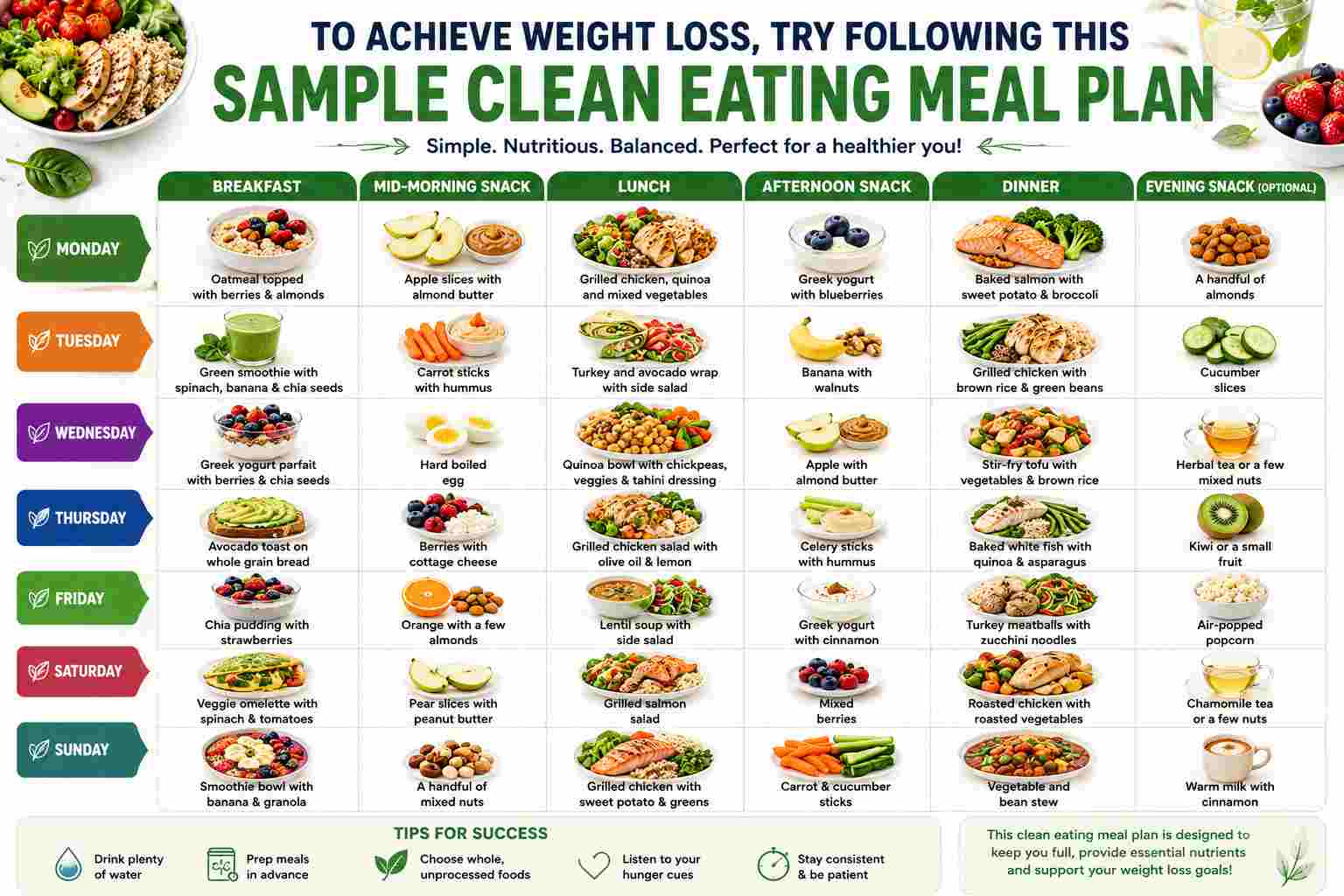 to achieve weight loss, try following this sample clean eating meal plan.