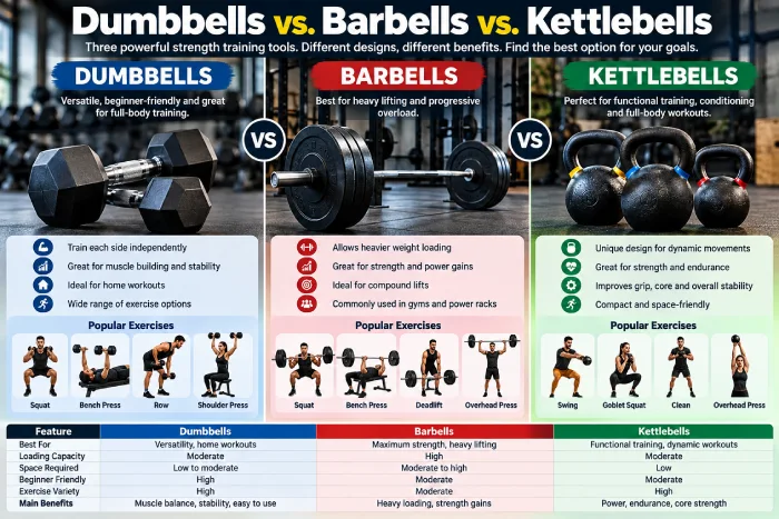 dumbbells vs barbells vs kettlebells