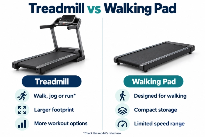 Side-by-side comparison of a treadmill and walking pad, showing their workout options, space needs, and speed range.